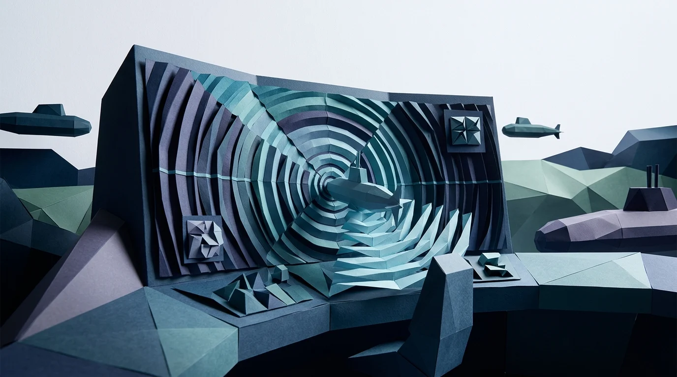 A paper submarine sonar screen pinging in the deep