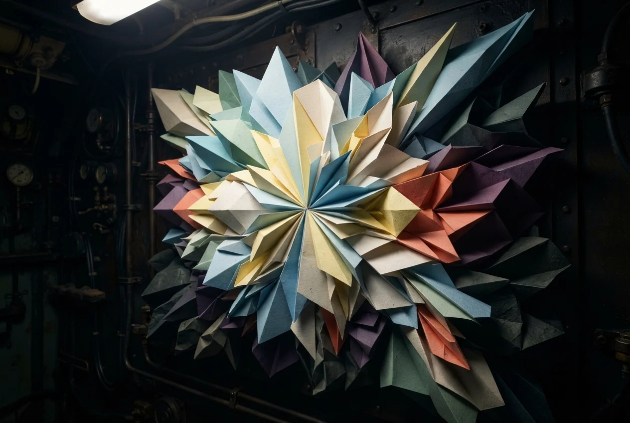 A paper starburst on a dark bulkhead