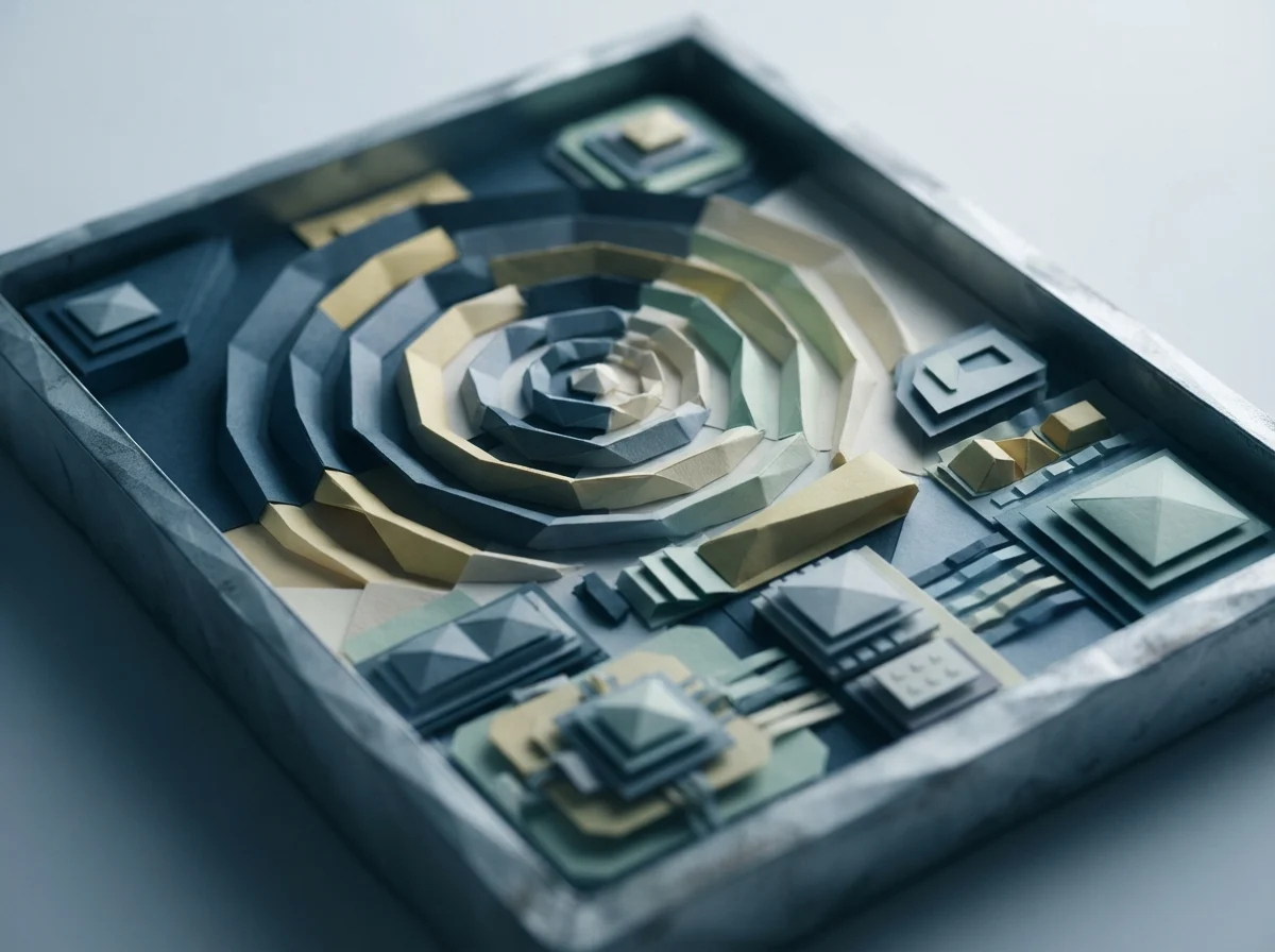 A folded paper board with a spiral of standings